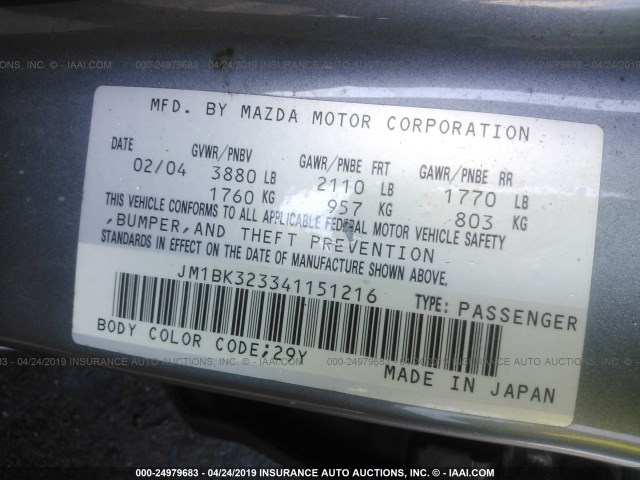 JM1BK323341151216 - 2004 MAZDA 3 S SILVER photo 9