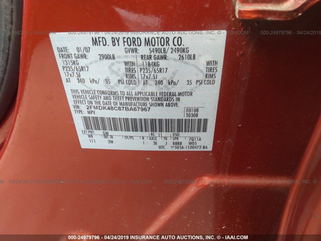 2FMDK48C87BA67967 - 2007 FORD EDGE SEL ORANGE photo 9