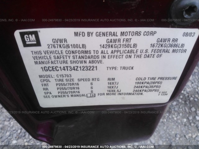 1GCEC14T34Z123221 - 2004 CHEVROLET SILVERADO C1500 MAROON photo 9