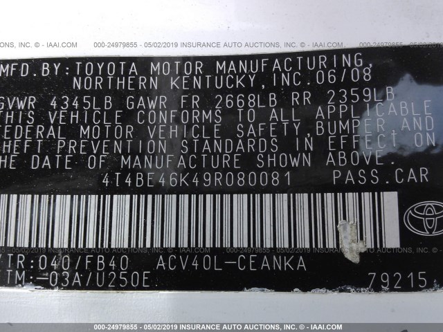 4T4BE46K49R080081 - 2009 TOYOTA CAMRY SE/LE/XLE WHITE photo 9