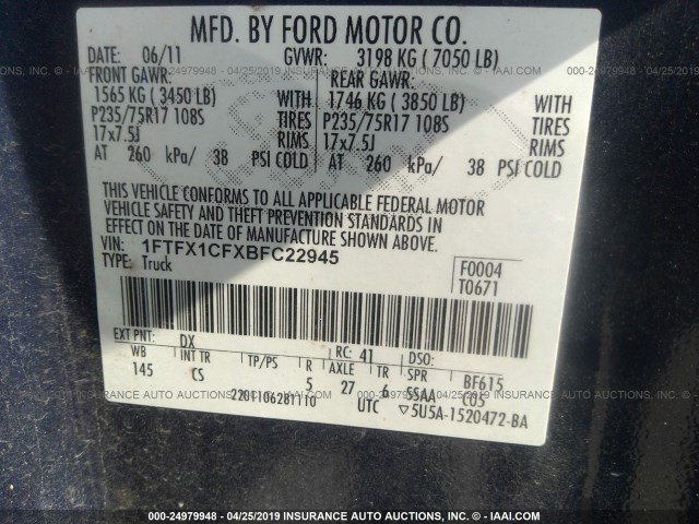 1FTFX1CFXBFC22945 - 2011 FORD F150 SUPER CAB Azul oscuro foto 9