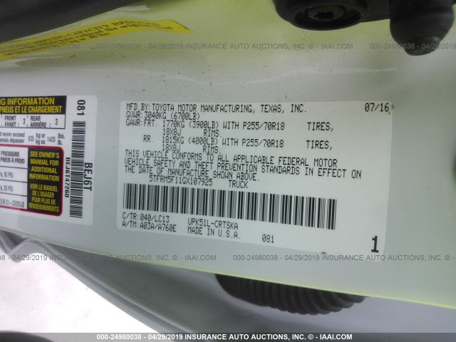 5TFRM5F11GX107925 - 2016 TOYOTA TUNDRA DOUBLE CAB SR/SR5 白色 照片 9