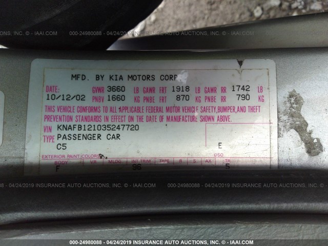 KNAFB121035247720 - 2003 KIA SPECTRA LS SILVER photo 9