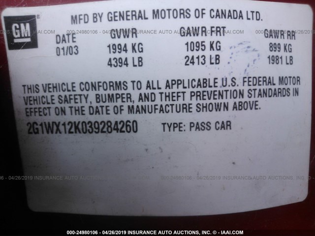 2G1WX12K039284260 - 2003 CHEVROLET MONTE CARLO SS წითელი ფოტო 9