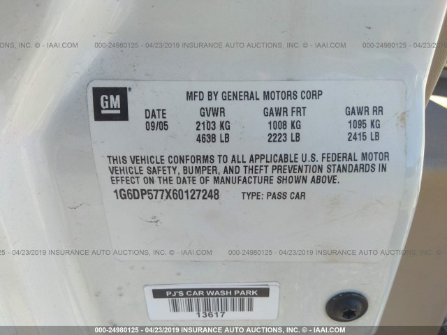 1G6DP577X60127248 - 2006 CADILLAC CTS HI FEATURE V6 WHITE photo 9