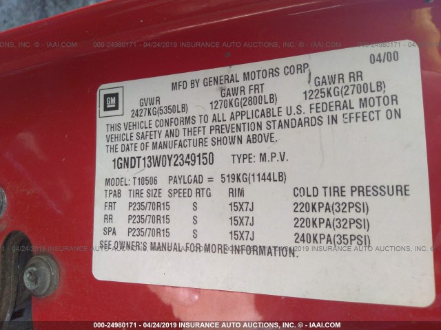 1GNDT13W0Y2349150 - 2000 CHEVROLET BLAZER RED photo 9