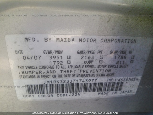 JM1BK323371743977 - 2007 MAZDA 3 S SILVER photo 9