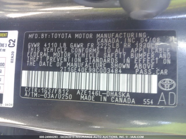 2T1GE40E99C003484 - 2009 TOYOTA COROLLA MATRIX XRS GRAY photo 9