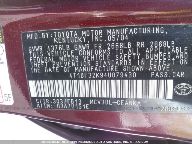 4T1BF32K94U079430 - 2004 TOYOTA CAMRY LE/XLE/SE WHITE photo 9