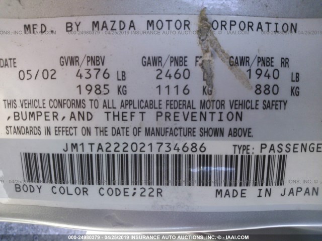 JM1TA222021734686 - 2002 MAZDA MILLENIA S SILVER photo 9