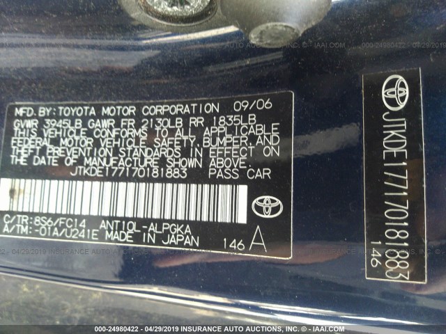 JTKDE177170181883 - 2007 TOYOTA SCION TC ლურჯი ფოტო 9