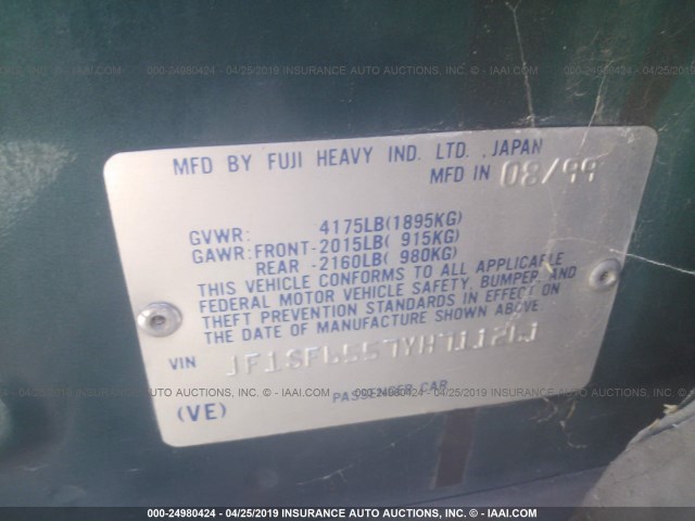 JF1SF6557YH711261 - 2000 SUBARU FORESTER S GREEN photo 9