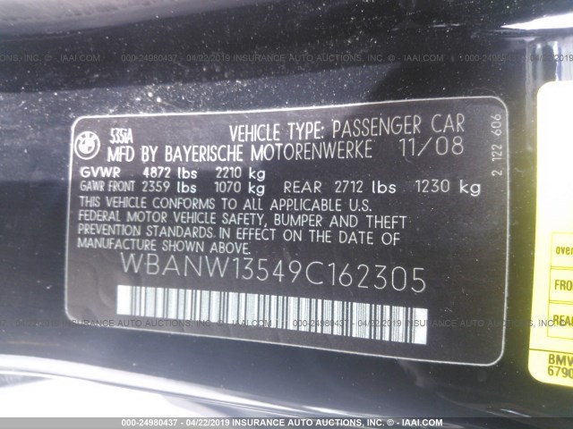 WBANW13549C162305 - 2009 BMW 535 I BLACK photo 9