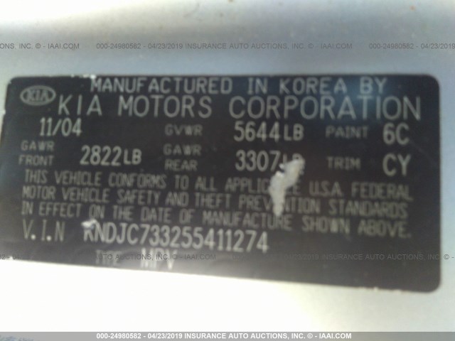 KNDJC733255411274 - 2005 KIA SORENTO EX/LX SILVER photo 9