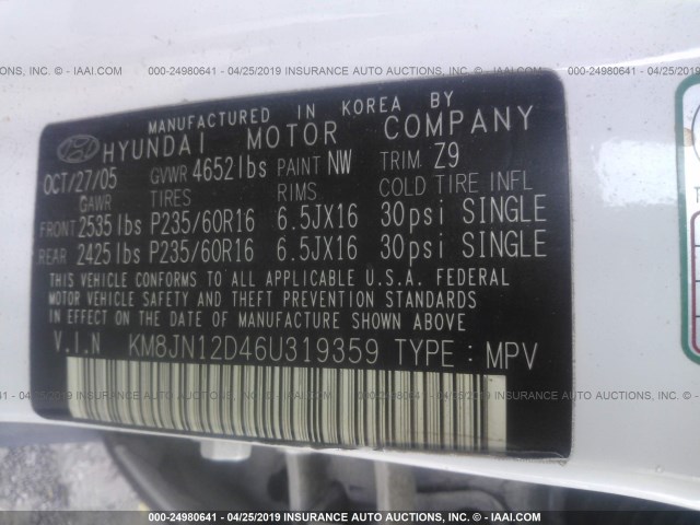 KM8JN12D46U319359 - 2006 HYUNDAI TUCSON GLS/LIMITED 白色 照片 9