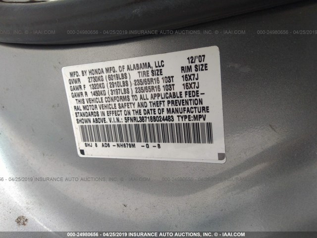 5FNRL38718B024483 - 2008 HONDA ODYSSEY EXL SILVER photo 9