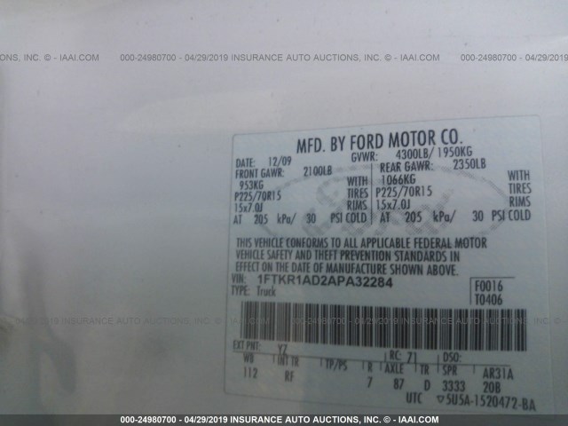 1FTKR1AD2APA32284 - 2010 FORD RANGER WHITE photo 9