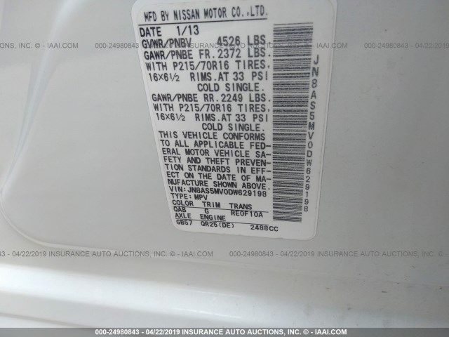 JN8AS5MV0DW629198 - 2013 NISSAN ROGUE S/SV WHITE photo 9