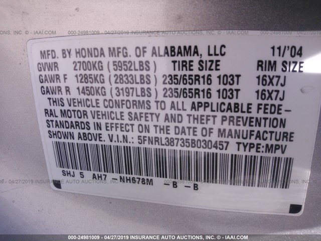 5FNRL38735B030457 - 2005 HONDA ODYSSEY EXL SILVER photo 9