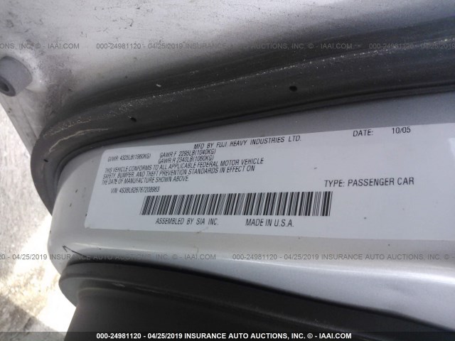 4S3BL626767208963 - 2006 SUBARU LEGACY 2.5I LIMITED SILVER photo 9