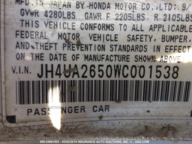 JH4UA2650WC001538 - 1998 ACURA 2.5TL WHITE photo 9