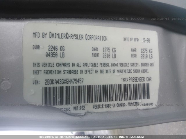 2B3KA43GX6H479457 - 2006 DODGE CHARGER SE/SXT SILVER photo 9