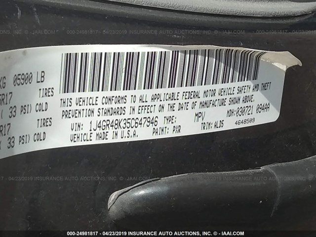 1J4GR48K35C647946 - 2005 JEEP GRAND CHEROKEE LAREDO/COLUMBIA/FREEDOM 黑色 照片 9