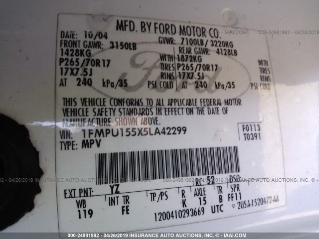 1FMPU155X5LA42299 - 2005 FORD EXPEDITION XLT Unknown photo 9