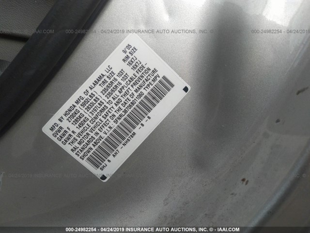 5FNRL38706B011060 - 2006 HONDA ODYSSEY EXL SILVER photo 9