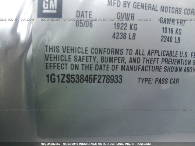 1G1ZS53846F278933 - 2006 CHEVROLET MALIBU LS 银色 照片 9