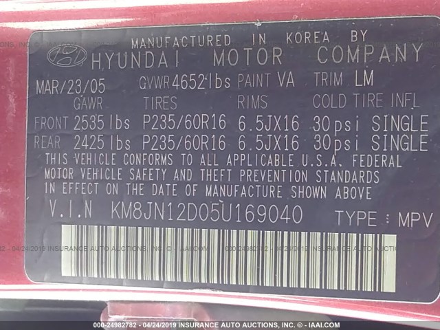 KM8JN12D05U169040 - 2005 HYUNDAI TUCSON GLS/LX RED photo 9