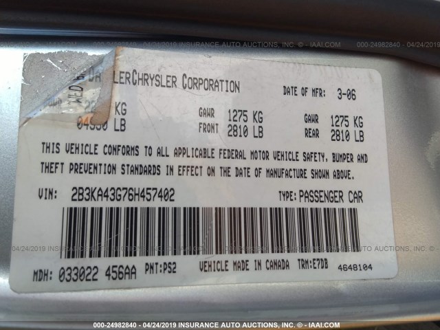 2B3KA43G76H457402 - 2006 DODGE CHARGER SE/SXT SILVER photo 9