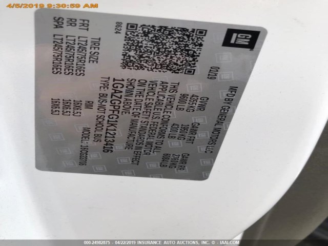 1GAZGPFG1K1213416 - 2019 CHEVROLET EXPRESS G3500 LT WHITE photo 14
