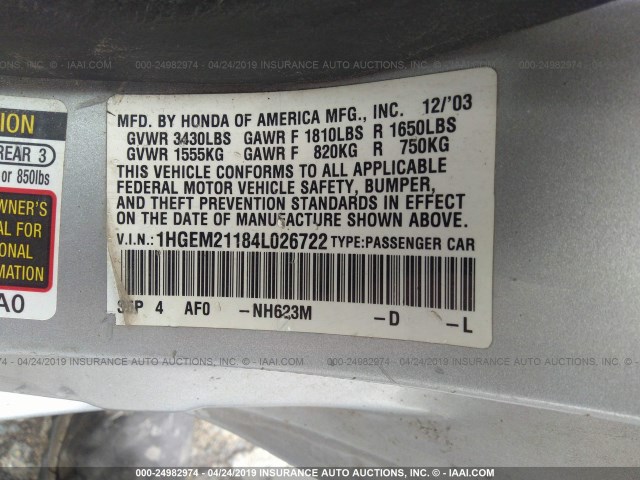 1HGEM21184L026722 - 2004 HONDA CIVIC DX VP Gümüş foto 9
