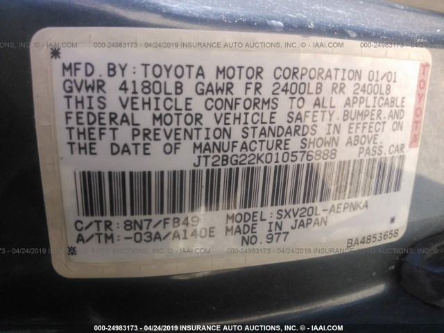 JT2BG22K010576888 - 2001 TOYOTA CAMRY CE/LE/XLE GREEN photo 9