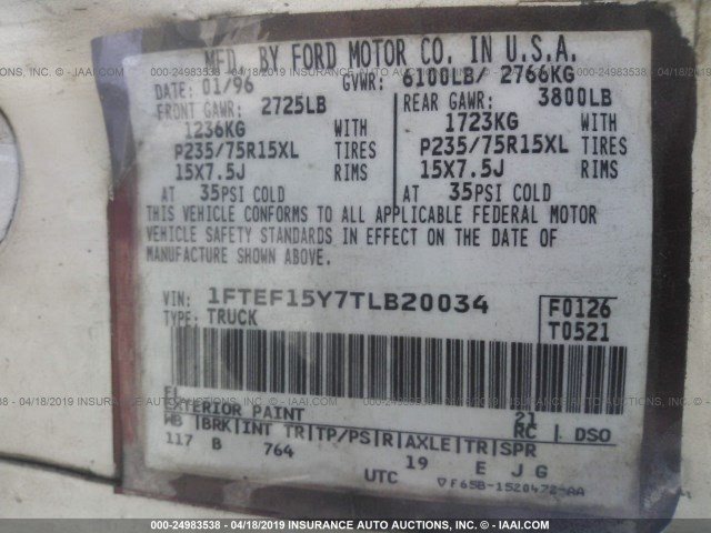 1FTEF15Y7TLB20034 - 1996 FORD F150 WHITE photo 9