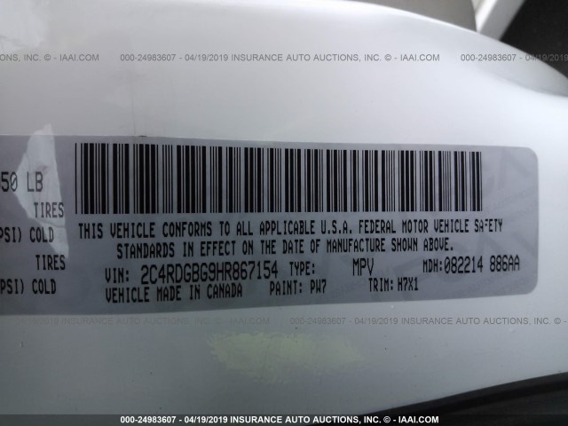 2C4RDGBG9HR867154 - 2017 DODGE GRAND CARAVAN SE WHITE photo 9