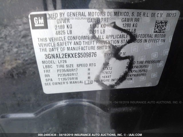 3GNAL2EKXES509876 - 2014 CHEVROLET CAPTIVA LS შავი ფოტო 9