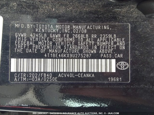 4T1BE46KX9U275287 - 2009 TOYOTA CAMRY SE/LE/XLE BLACK photo 9