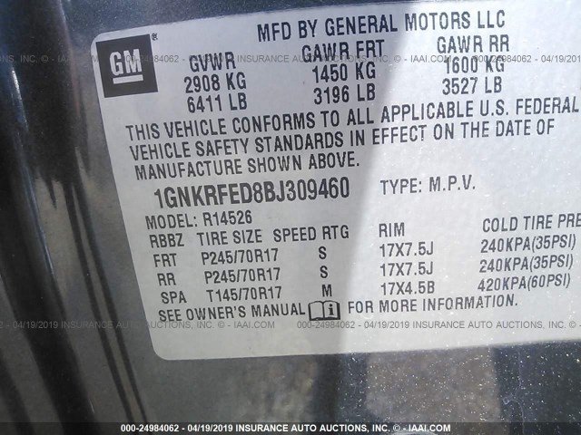 1GNKRFED8BJ309460 - 2011 CHEVROLET TRAVERSE LS GRAY photo 9