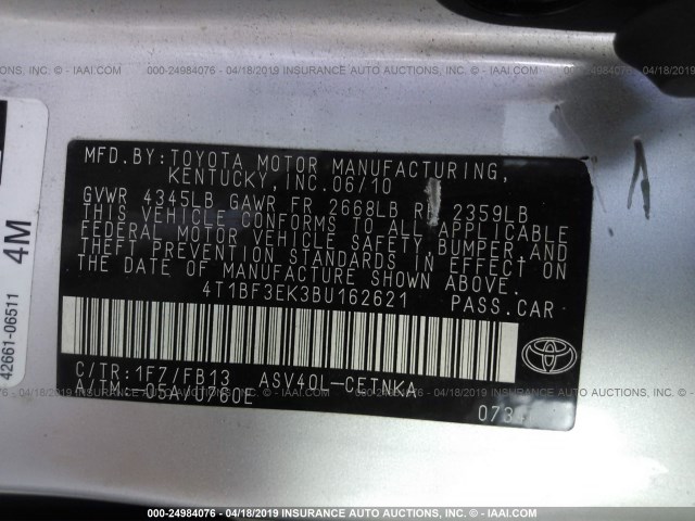 4T1BF3EK3BU162621 - 2011 TOYOTA CAMRY SE/LE/XLE SILVER photo 9