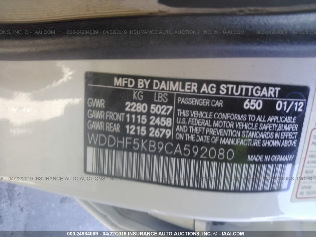 WDDHF5KB9CA592080 - 2012 MERCEDES-BENZ E 350 WHITE photo 9