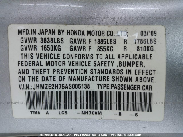 JHMZE2H75AS005138 - 2010 HONDA INSIGHT EX SILVER photo 9