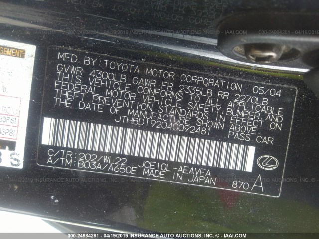 JTHBD192040092481 - 2004 LEXUS IS BLACK photo 9