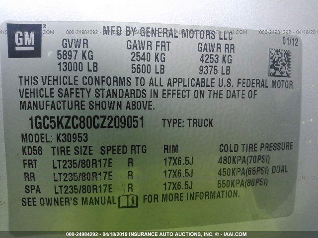 1GC5KZC80CZ209051 - 2012 CHEVROLET SILVERADO K3500 SILVER photo 9