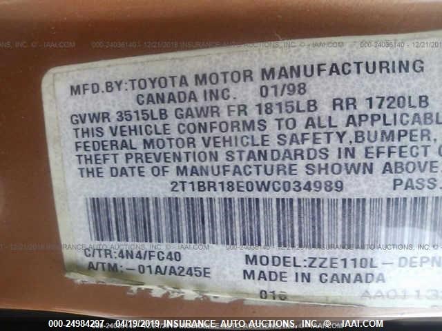 2T1BR18E0WC034989 - 1998 TOYOTA COROLLA VE/CE/LE 橙色 照片 9