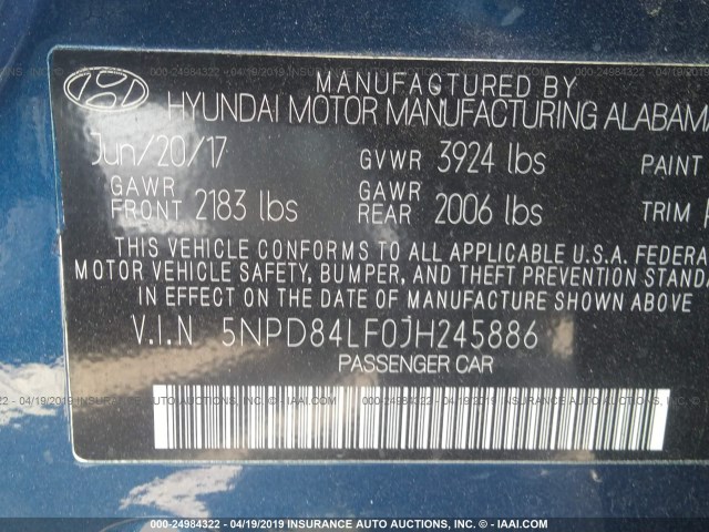 5NPD84LF0JH245886 - 2018 HYUNDAI ELANTRA SEL/VALUE/LIMITED BLUE photo 9