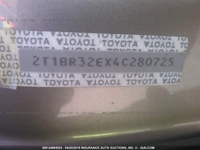 2T1BR32EX4C280725 - 2004 TOYOTA COROLLA CE/LE/S GOLD photo 9