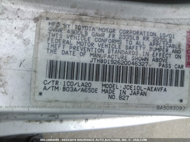 JTHBD192620046327 - 2002 LEXUS IS 300 SILVER photo 9