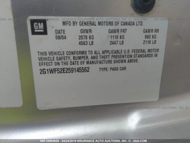 2G1WF52E259145562 - 2005 CHEVROLET IMPALA SILVER photo 9